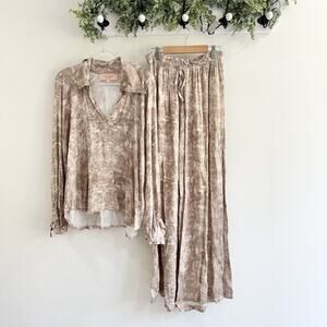 Scandal Made In Italy 2 Piece Wide Leg Bohemian Pants And Blouse Set Small Brown